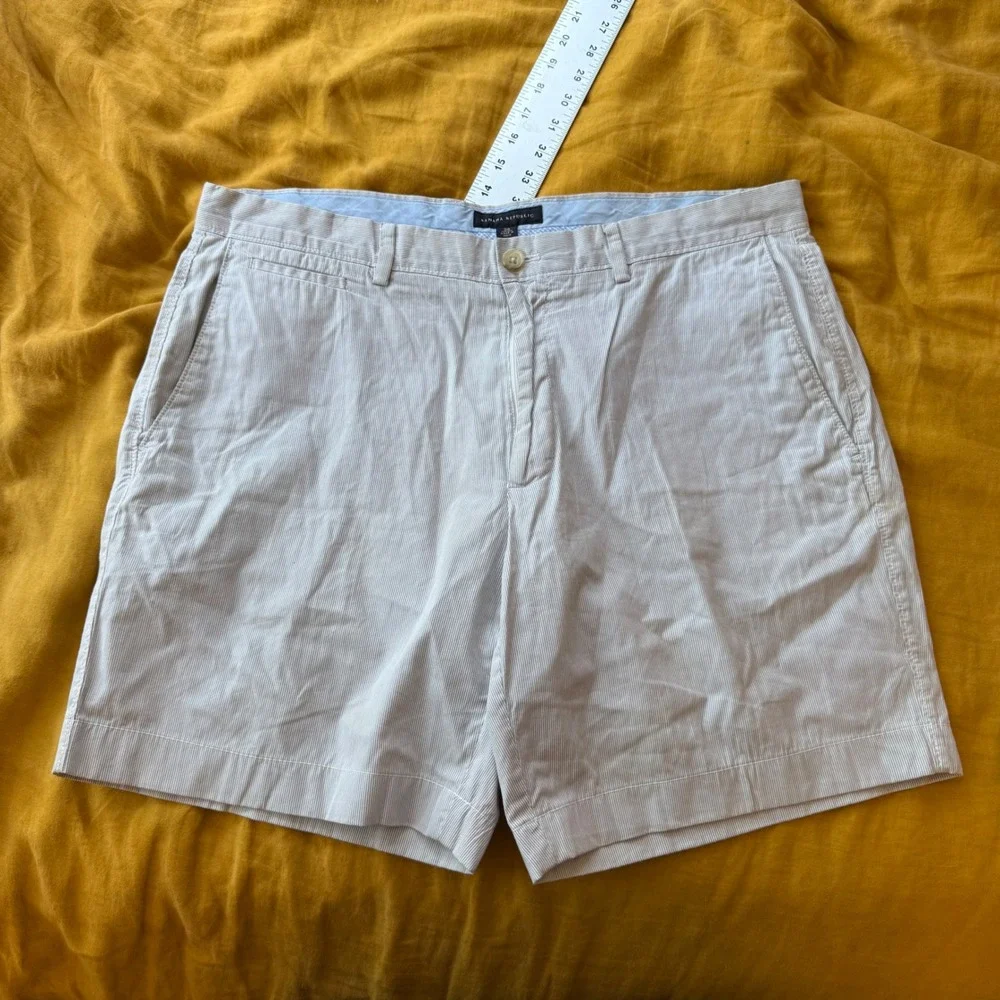Banana Republic Mens Seersucker Striped Shorts‎ Tan White Size 36 Casual Summer